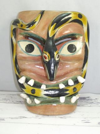 Vtg Mexican Folk Art Tribal Mask Hand Carved Wooden Snake Face With Teeth