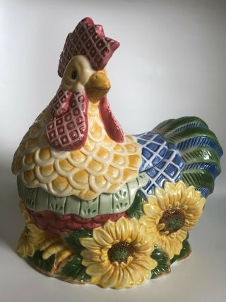 Vintage Fitz & Floyd Rooster Cookie Jar Sunflowers Yellow Blue Just Us Chicks