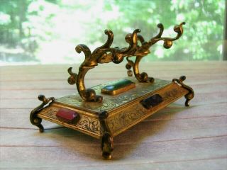 Antique Rococo Ormolu Gilt Bronze Pen Rest For Desk W/ Semi Precious Stones