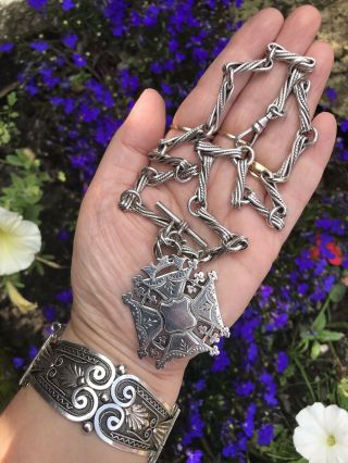 Antique Victorian 1890 Sterling Silver Albert Watch Chain Fob Charm Necklace
