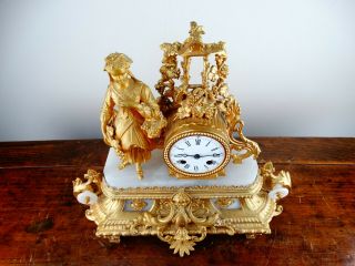 Antique Victorian French Rococo Gilt Metal Figural Striking Mantel Clock c1880 10