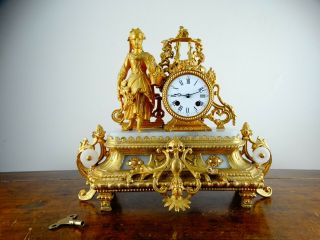 Antique Victorian French Rococo Gilt Metal Figural Striking Mantel Clock C1880