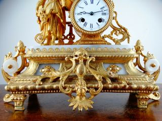 Antique Victorian French Rococo Gilt Metal Figural Striking Mantel Clock c1880 2