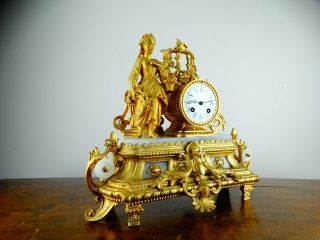 Antique Victorian French Rococo Gilt Metal Figural Striking Mantel Clock c1880 9