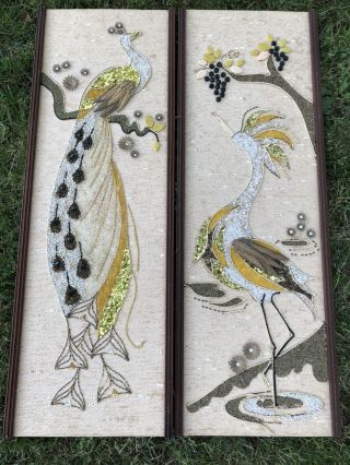 Vtg Gravel Art Mcm Peacock Crane Bird Mosaic Wall Art 50’s Feather Pair