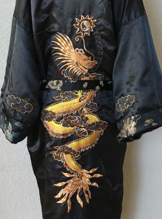 Vintage Heavy Embroidered Kimono Style Silk Robe Dragon Dragon Reversible Black
