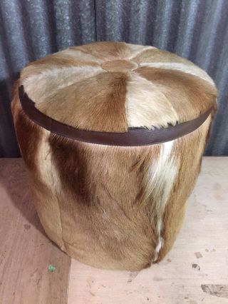 Vtg Antelope Hide Leather Ottoman Table Stool Round Footstool Fur Cabin Western