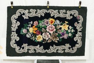 Vintage American Hand Crafted Hooked Wool Rug 52 X 33 Daffodils Pansies Floral