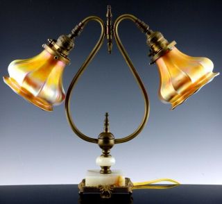 Art Deco Brass Alabaster Table Lamp W Gold Aurene Glass Shades Steuben
