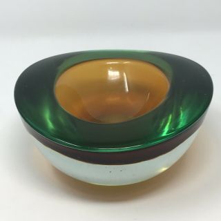 Vintage ARCHIMEDE SEGUSO Green & Amber Somerso Geode Bowl MURANO GLASS MCM 3