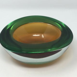 Vintage ARCHIMEDE SEGUSO Green & Amber Somerso Geode Bowl MURANO GLASS MCM 4