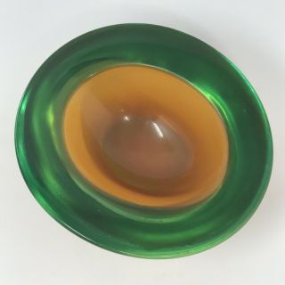 Vintage ARCHIMEDE SEGUSO Green & Amber Somerso Geode Bowl MURANO GLASS MCM 7
