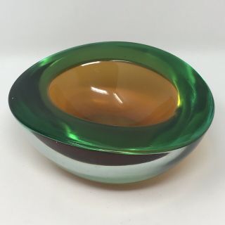 Vintage ARCHIMEDE SEGUSO Green & Amber Somerso Geode Bowl MURANO GLASS MCM 8