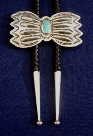 Native American Sterling Stamped Turquoise Cab Vintage Butterfly Bolo Tie