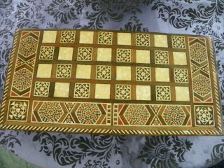 Vintage Syrian Folding Inlaid Wood Marquetry Checkers Backgammon Set