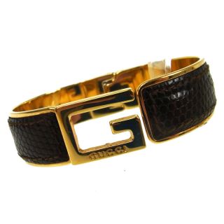 Auth Gucci Vintage Logos Bangle Bracelet Lizard Leather Brown Gold Ak25176d