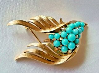 Crown Trifari Signed Vintage Gold Tone Faux Turquoise & Rhinestone Pin/brooch