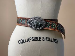 Vintage Tooled Painted Brown Leather Belt With Buffalo Belt Buckle