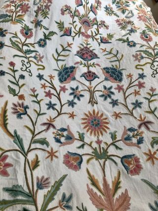 Vtg Romantic Cottage - Country French Flowers Embroid Crewel Hemp Linen Fabric