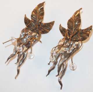 Vintage Brutalist Sterling Silver &copper Leaves Huge Pierced Signed Vb Earrings