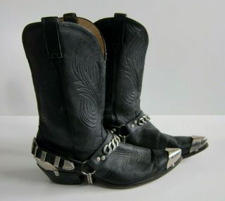 Vintage Code West Black Leather Silver Chain Buckle Steel Toe Cowboy Boot Men 12