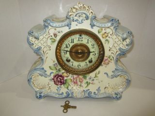 Antique Ansonia " Dresden Extra " Porcelain Clock,  8 - Day,  Time/strike,  Key - Wind