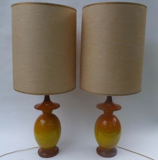 Vintage Mid Century Danish Modern Teak Wood Ceramic Flying Saucer Table Lamps