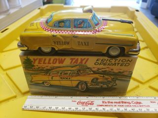 Vintage Tin Toy Yellow Taxi Cab 6 1/4 " Tn Japan.  See Photos