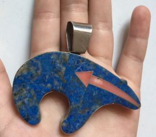 80s Vtg Old Pawn Huge Zuni Sterling Silver Lapis Mop Inlay Paw Pendant