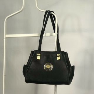 Gianni Versace Vintage Leather Black Handbag Bag Medusa Logo