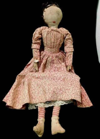 Antique American Folk Art Hand Made 21 " Cloth Doll