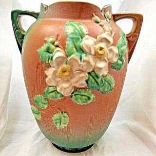 Vintage 1940 Roseville Pottery Vase 991 - 12 White Rose Flower Green Brown Orange