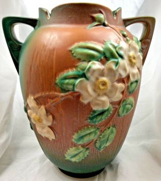 Vintage 1940 Roseville Pottery Vase 991 - 12 White Rose Flower Green Brown Orange 2