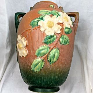 Vintage 1940 Roseville Pottery Vase 991 - 12 White Rose Flower Green Brown Orange 3