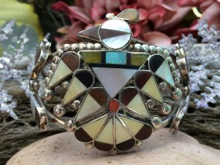 Vintage Zuni Sterling Silver Turquoise Coral Mop Thunderbird Cuff Bracelet Wow