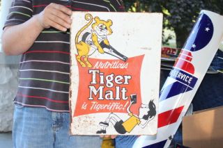 Rare Vintage C.  1960 Tiger Malt Soda Pop 2 Sided 17 " Metal Flange Sign