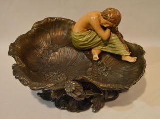 Art Nouveau Cast Metal Maiden On Lily Pads Calling Card Tray Bowl Dresser Dish 6