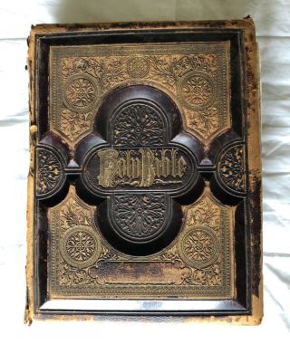 1800s Vintage Holy Bible - Large Book With Leather Cover And Back.