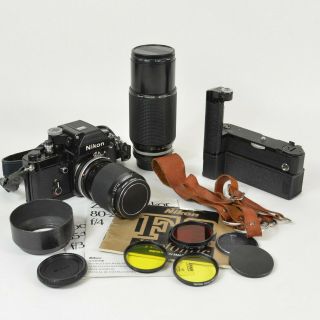 Vintage Nikon F2 Film Camera Mb2 Motor Drive 80 - 200mm 35 - 105mm Lens Hood Filters