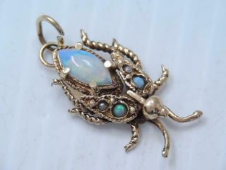 Rare Vintage Solid 14k Gold Opal & Seed Pearl Insect Bug Charm Ornate