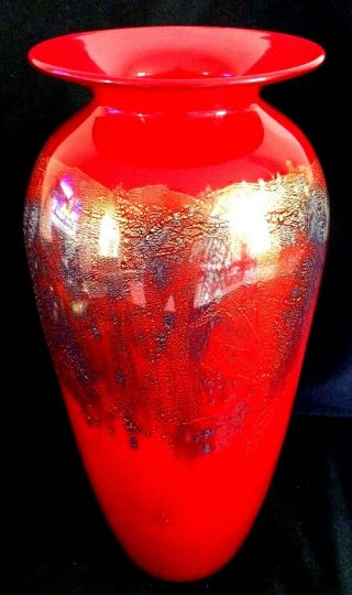 Vtg Micheal Nourot 13”art Glass Vase.  Red W/ Blue & Gold Accents.  Signed & Dated
