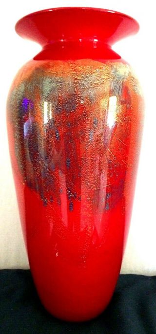 VTG MICHEAL NOUROT 13”ART GLASS VASE.  Red w/ blue & gold accents.  Signed & dated 2