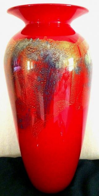 VTG MICHEAL NOUROT 13”ART GLASS VASE.  Red w/ blue & gold accents.  Signed & dated 3