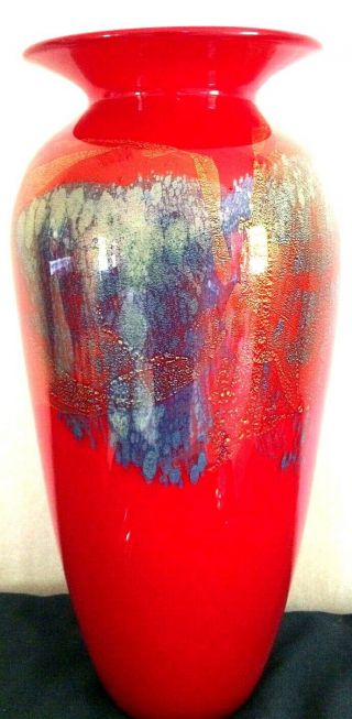VTG MICHEAL NOUROT 13”ART GLASS VASE.  Red w/ blue & gold accents.  Signed & dated 4