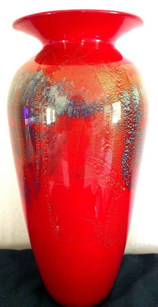 VTG MICHEAL NOUROT 13”ART GLASS VASE.  Red w/ blue & gold accents.  Signed & dated 5