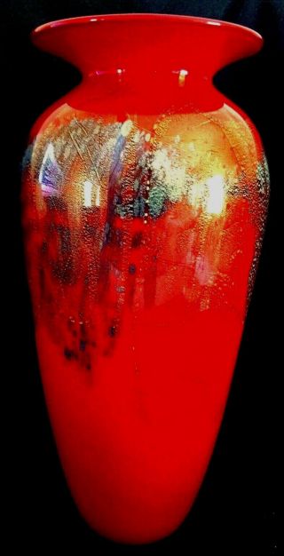 VTG MICHEAL NOUROT 13”ART GLASS VASE.  Red w/ blue & gold accents.  Signed & dated 6