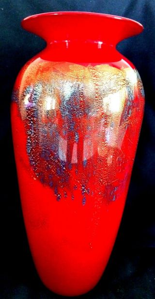 VTG MICHEAL NOUROT 13”ART GLASS VASE.  Red w/ blue & gold accents.  Signed & dated 7