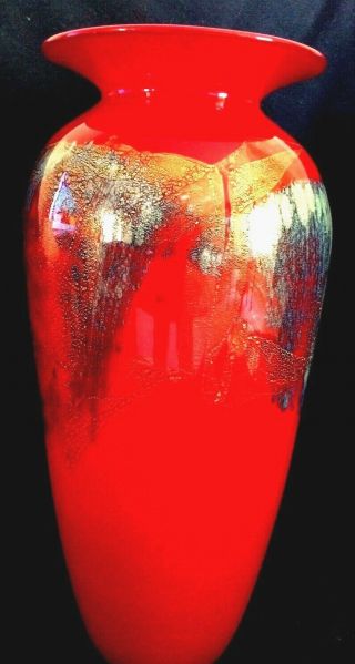 VTG MICHEAL NOUROT 13”ART GLASS VASE.  Red w/ blue & gold accents.  Signed & dated 8