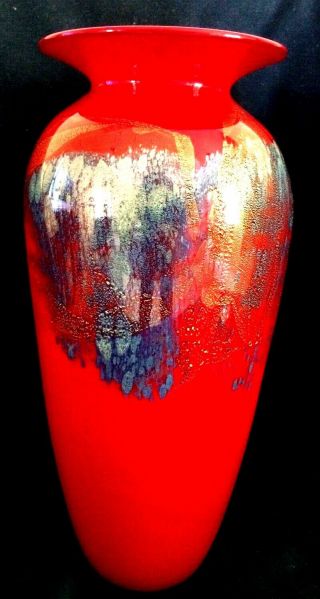 VTG MICHEAL NOUROT 13”ART GLASS VASE.  Red w/ blue & gold accents.  Signed & dated 9