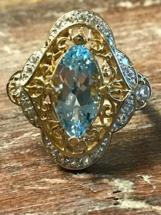 Ornate Vtg 14k Yellow Gold Marquise Cut Sky Blue Topaz & Gemstone Ring Size 6.  75